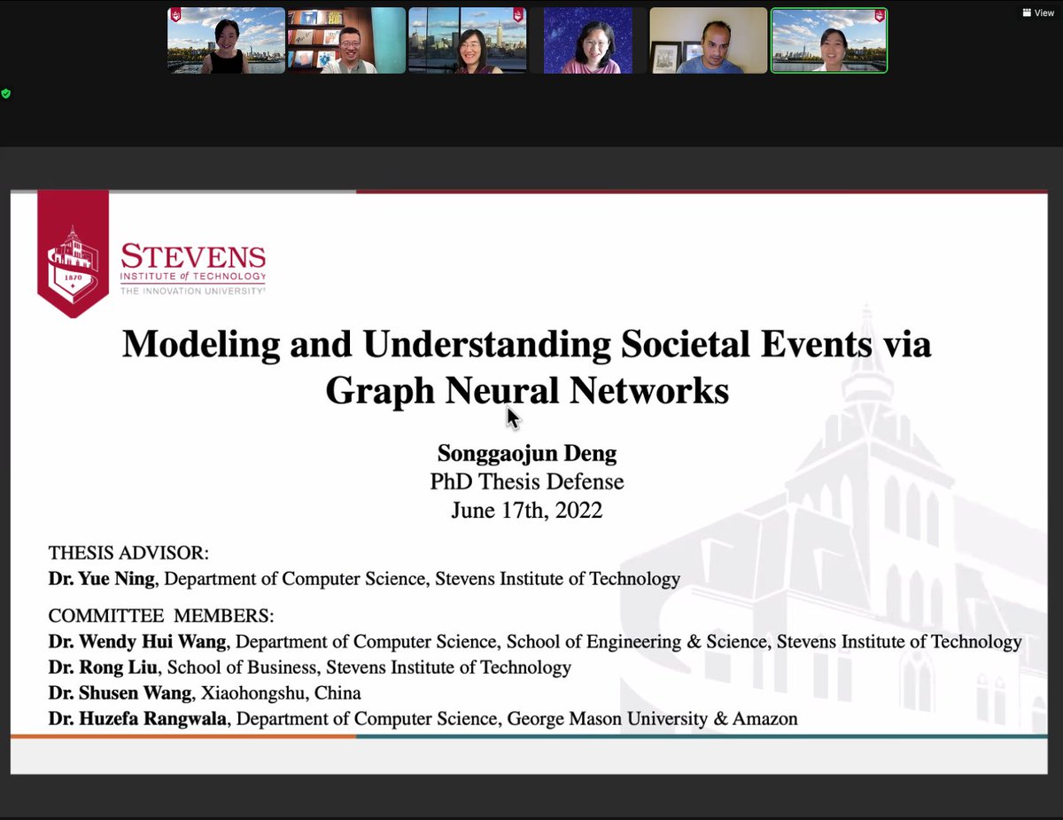 Yue_Ning's tweet photo. My first PhD student Songgaojun (Amy) Deng defended her thesis on modeling and understanding societal events via graph neural networks. Congratulations Dr. Deng! Thanks to all her committee members Wendy Hui Wang, Shusen Wang, Rong Liu, and @DMfun ! https://t.co/7eRWba1GRD