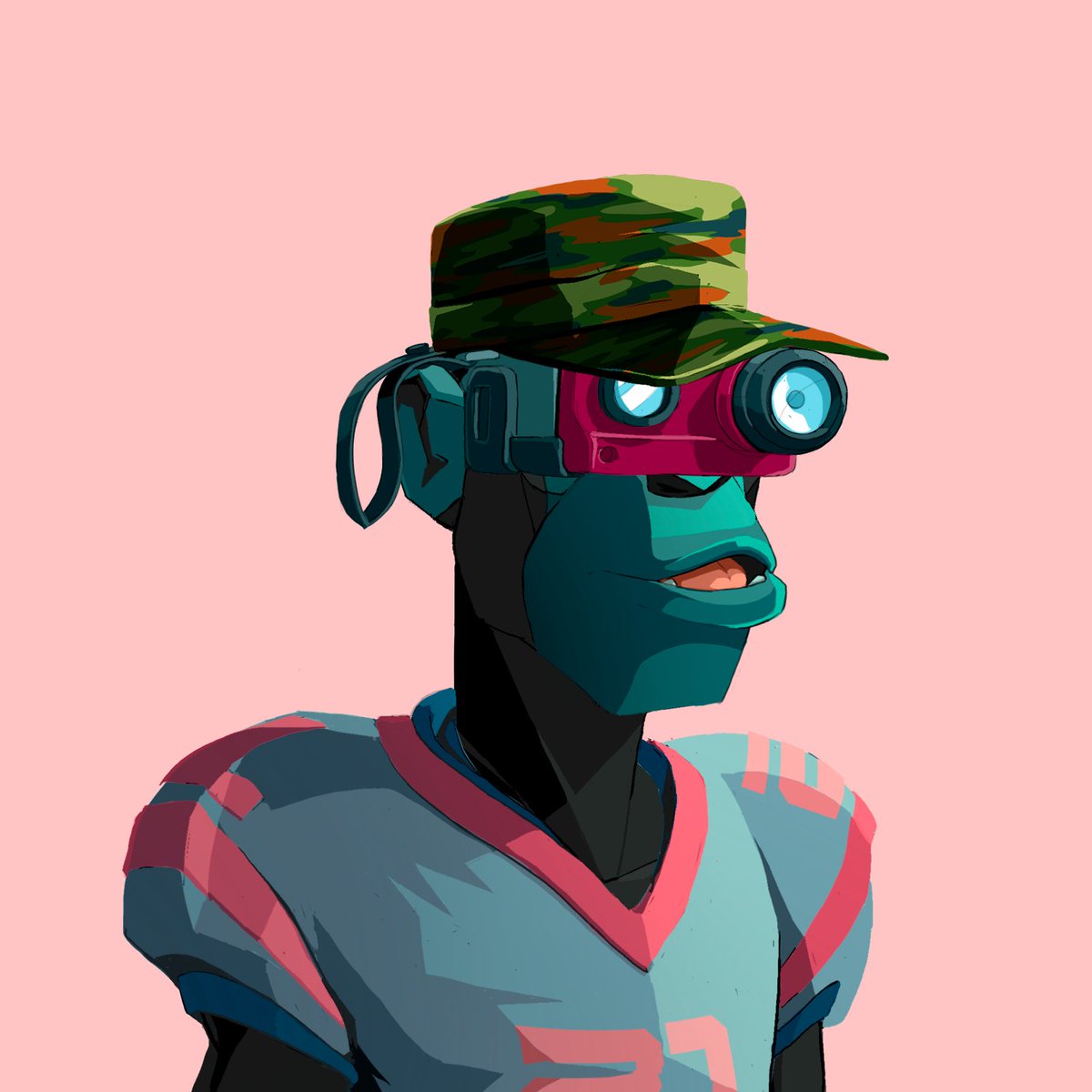 CookiezNFT_'s tweet photo. what position do i play with camera eyes and an camo cap? #footballpads #cameraeyes #PRIMALGANG @Primatesnft https://t.co/mNa0hVn2Zq