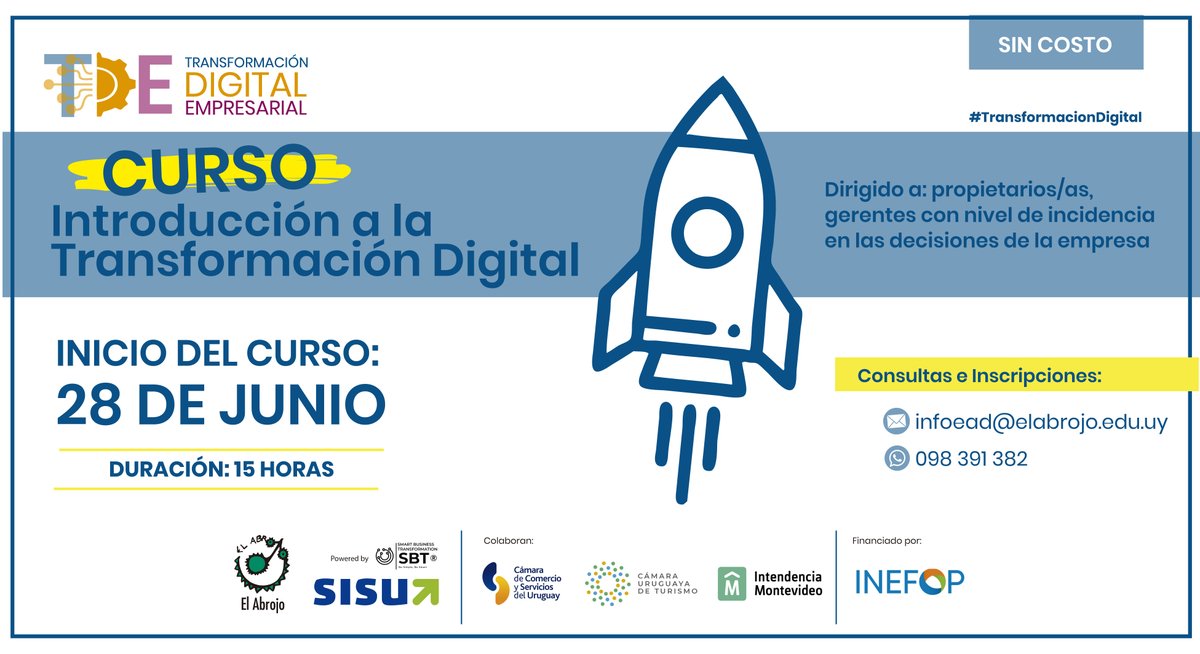 Quedan pocos días para el inicio de la segunda edición del curso de Introducción a la Transformación Digital. ¡Comienza el 28 de junio!

Inscripciones: economiasocial.uy/inscripcion_cu…

Por más información no dudes en consultarnos:
Por Whatsapp: 098391382