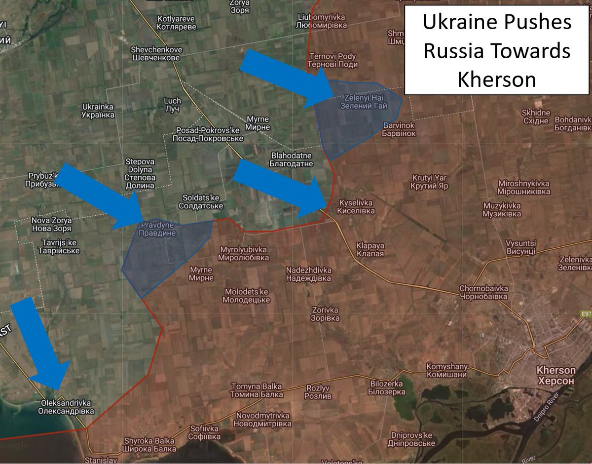 #Kherson - #Ukrainian troops have pushed #Russian forces back towards Kherson &amp; captured the towns of Pravdyne, Zelenyi Hai &amp; Oleksandrivka. #UAF is currently assaulting towards Kyselivka along the #Mykolaiv-Kherson Highway &amp; toward Tomyna Balka. Heavy shelling continues.