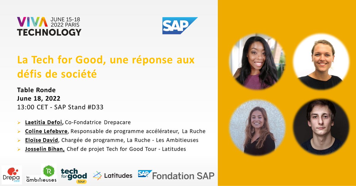 Nicolas Janot (@nicolas_janot) on Twitter photo 🕛 13h - <a href="/SAPFrance/">SAP France</a> Stand #D33 <a href="/VivaTech/">Viva Technology</a>
💡Table ronde : La Tech for Good, une réponse aux défis de société
🗣 Laetitia DEFOI Co-Fondatrice <a href="/drepacare/">Drepacare</a>
🗣 Coline Lefebvre & Eloïse David <a href="/RucheParis/">La Ruche</a>
🗣 Josselin Bihan <a href="/TfGTour/">Tech for Good Tour</a>
<a href="/sap4good/">SAP4Good</a> <a href="/alexdarras1/">Alexandra Darras</a> #ess 🕛 13h - <a href="/SAPFrance/">SAP France</a> Stand #D33 <a href="/VivaTech/">Viva Technology</a>
💡Table ronde : La Tech for Good, une réponse aux défis de société
🗣 Laetitia DEFOI Co-Fondatrice <a href="/drepacare/">Drepacare</a>
🗣 Coline Lefebvre & Eloïse David <a href="/RucheParis/">La Ruche</a>
🗣 Josselin Bihan <a href="/TfGTour/">Tech for Good Tour</a>
<a href="/sap4good/">SAP4Good</a> <a href="/alexdarras1/">Alexandra Darras</a> #ess