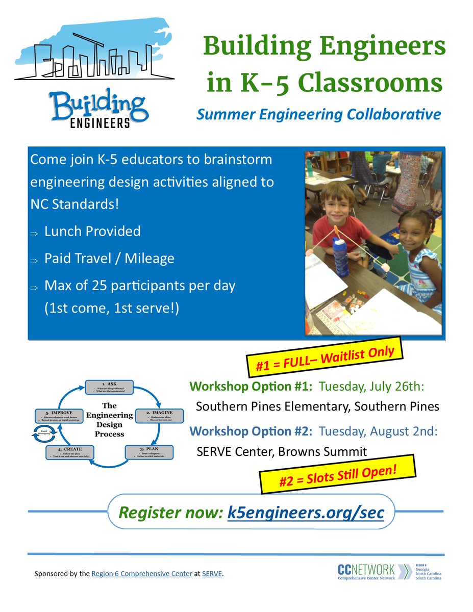 Attn!  We have slots open for our 2nd summer workshop (Aug 2nd).  Come join K-5 colleagues in creating fun, standards-aligned engineering design activities (that will then be shared throughout NC!).  Check out the attached flyer and go here to register:  k5engineers.org/sec