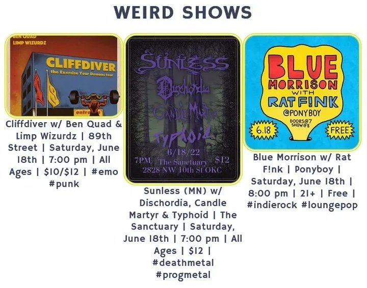WeirderOK's tweet photo. UPDATE: cliffdiver show is cancelled
There's a smorgasbord of original music in the OKC local scene this weekend, and these are our picks!
#okcmusic #oklahomamusic #okiemusic #livemusicokc #deathmetal #loungepop #kindierock #randb #hiphop #soul #foodtrucks #friedpiestastegood https://t.co/hvWbzbIeuC