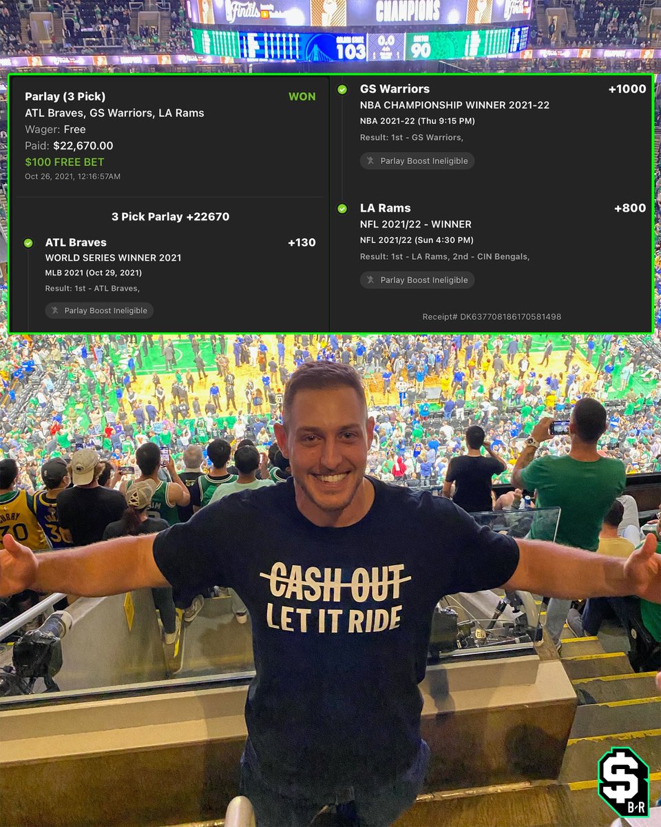 BleacherReport's tweet photo. Won $22K predicting the World Series, Super Bowl AND NBA Finals 😱 @br_betting 

AND got to watch it cash in person. LEGEND.

(IG: max_beck @DKSportsbook) https://t.co/1gff4kbqOs