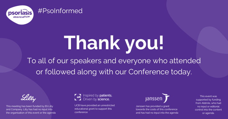 PsoriasisUK's tweet photo. That's all folks! A BIG thank you to all of our speakers and everyone who attended our Conference today, or followed along! 👏👏

The presentations will be available on our YouTube channel soon so watch this space! 😃 

#psoriasis #psoriaticarthritis #PsoInformed https://t.co/jJg2vr0So4