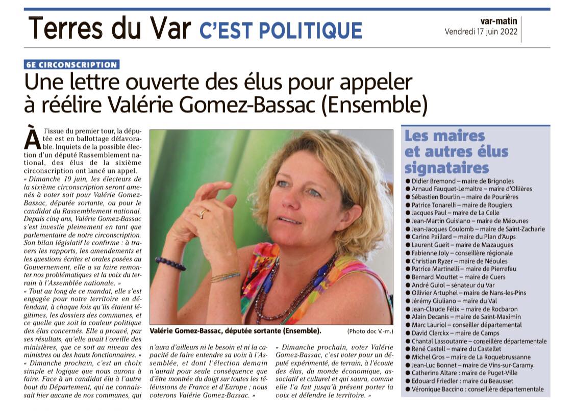 Les maires de la circonscription ont choisi de faire bloc pour ne pas laisser notre territoire entre les mains du RN !
Nous sommes dans la dernière ligne droite, je compte sur vous !
 Retrouvez leur tribune dans Var Matin  ⤵️