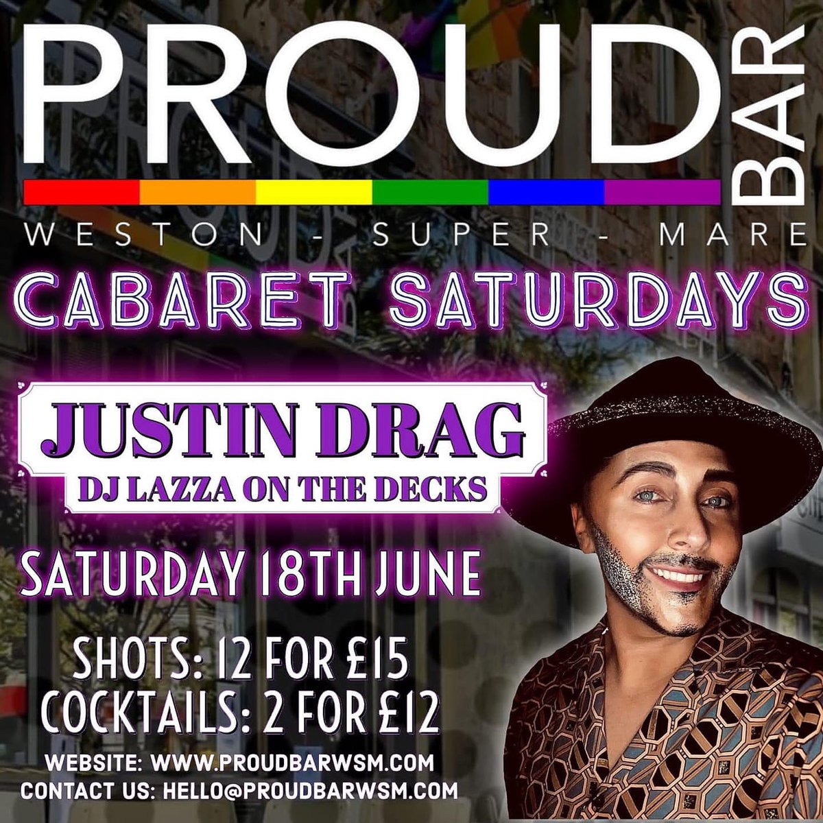 ITS THE WEEKEND!! 😆
Justin Drag is BACK tomorrow night 👑

✨SHOWTIME 10PM✨
💕<a href="/fatpheebs/">Pheebs 💛</a> is here to get groovy on the decks💕

Let’s enjoy the summer! Open 5PM - 2AM

🔥HAPPY HOUR 5-7PM🔥
2 for 1 Cocktails
£1 off ALL Spirits and Draught

All Welcome🏳️‍🌈🏳️‍⚧️ #proudbar