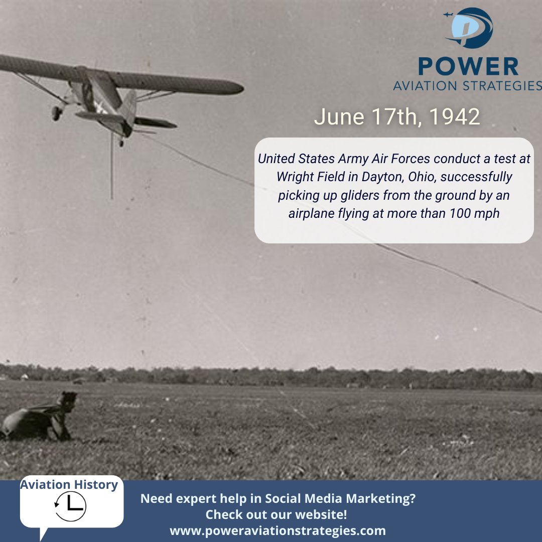 PowerAviationSt's tweet photo. ✈️ ⏳ Throwback 80 years ago today....it marks the first United States Air Forces successful glider test flight in Wright Field in Dayton, Ohio! ⏳ ✈️ 
 
#AviationHistory #Aviation #USAF #Gliders #WrightBrothers #FirstFlight #Ohio  #History https://t.co/MiUQq7ic9v