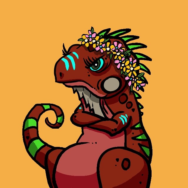 itiguana's tweet photo. Hanna hates haberdashery but is fond of shrubbery.

#nftart #NFTs #NFTProject #NFTcollections #NFTcollectibles #itiguana #stdrogo #flowers #iguana https://t.co/oaRrO0fUEW