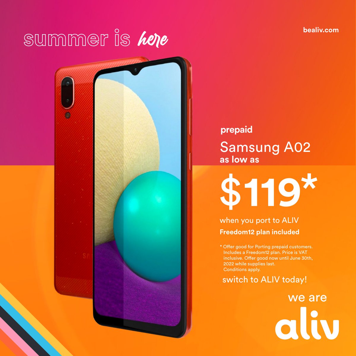 wearealiv's tweet photo. Upgrade Dad's Device This Father's Day!

Port to ALIV and get the Samsung S22 for as low as $359, the Samsung A23 for as low as $209 or the Samsung A02 for as low as $119 this weekend!

ALIV, Summer Is Here

#ALIV #ALIVSummer #SmartPhonese #fathersday #SamsungS22 #SamsungA23 https://t.co/TQIttpoKR7