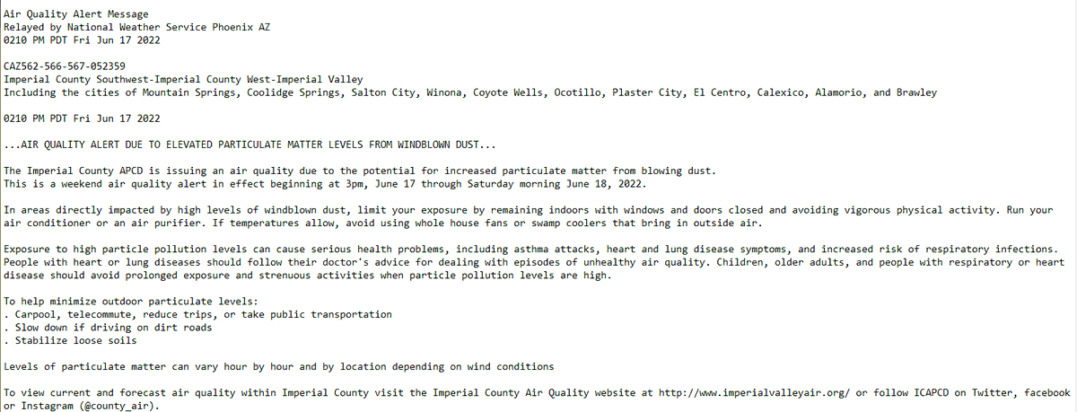 An Air Quality Alert has been issued by The Imperial County Air Pollution Control District for elevated particulate matter from windblown dust for SW Imperial Cty.  #CAWX