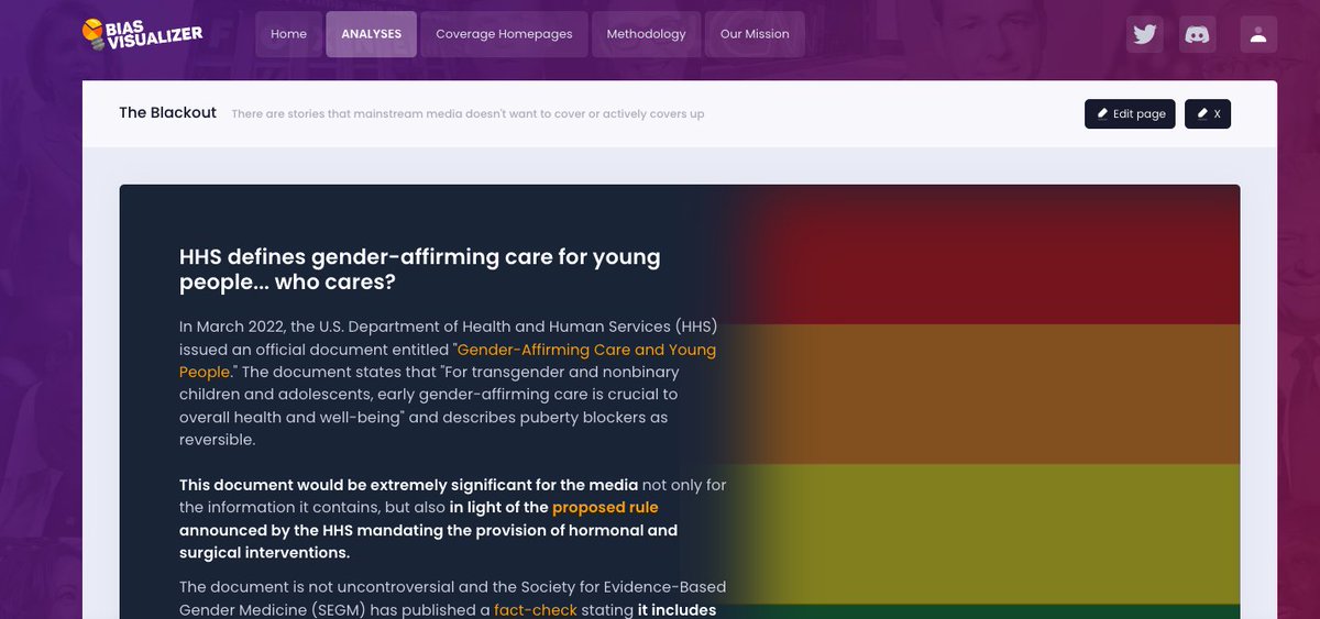 2 days ago Biden signed an executive order charging the HHS "with protecting LGBTQI+ children and families from attacks on their access to health care". But do you know what the HHS position is on such an important issue? If you don't, here is why.
app.biasvisualizer.com/page/hLkEwPARP…