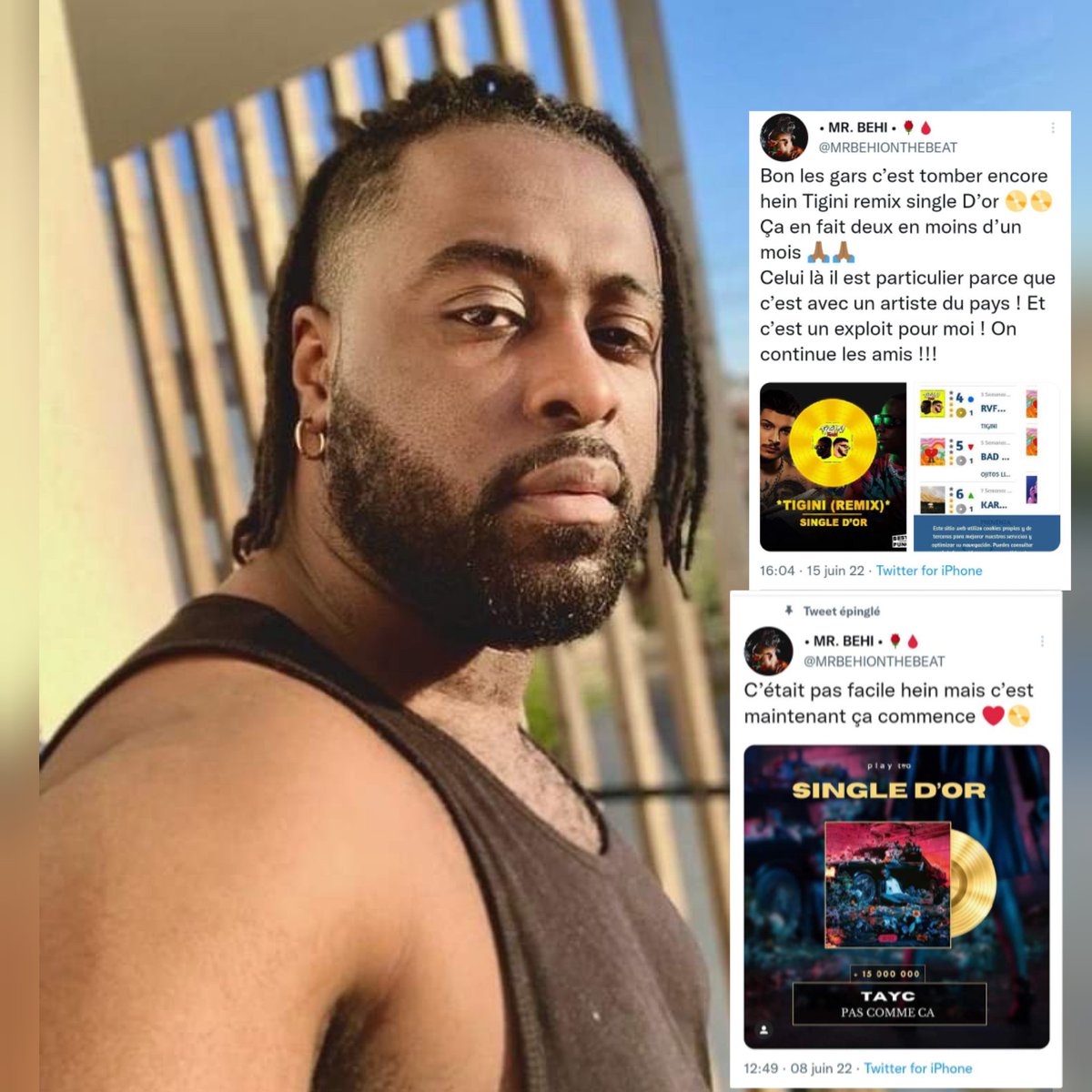 Le Beatmaker ivoirien <a href="/MRBEHIONTHEBEAT/">• MR. BEHI 👁️‍🗨️</a> devient le premier Beatmaker ivoirien à décrocher un double single d'or (+30.000) en 11 mois avec ses beats enchanteurs sur les titres "Tignini" de Kikimoteleba et "Pas comme ça" de Tayc.
Félicitations🎊🎉🍾🎙️🎧🎚️🏆