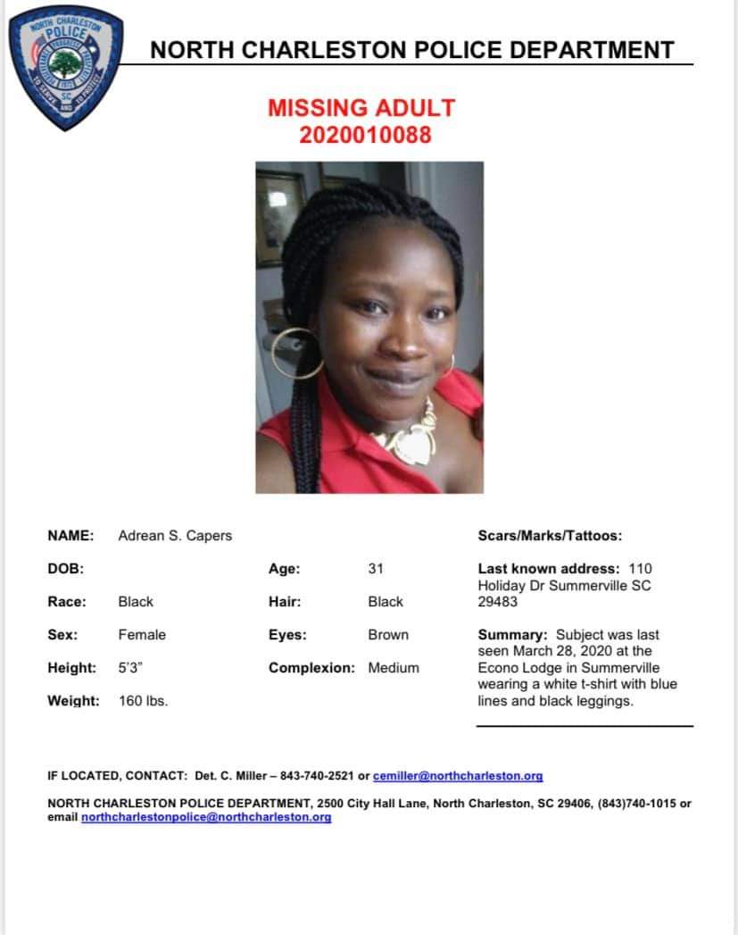 speakhertruthtc's tweet photo. Adrean S. Capers, age 31, was last seen on March 28, 2020 at the Econo Lodge (110 Holiday Drive) in Summerville, SC.
#MissingPerson #missingwoman #truecrime https://t.co/HzNAlT3qpz