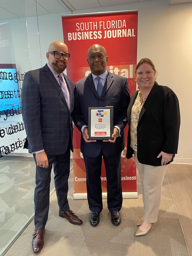 AutoNation's tweet photo. Two awards in one week! Rock Anderson, AutoNation's Chief HR Officer &amp; Senior VP, has been honored with the @SFBWmag Diversity &amp; Inclusion Award as well as @SFBJNews's Diverse Voice Award! Congratulations! 🥳 🎉 #DRVPNK #ONEAutoNation https://t.co/pHXYnqOXx5