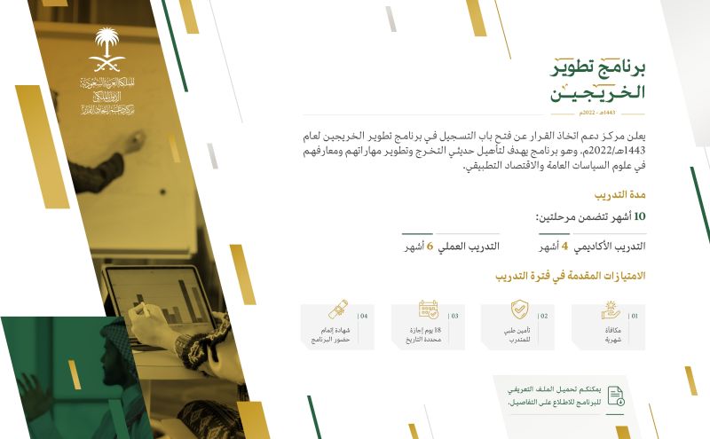 يعلن مركز دعم القرار (حكومى) عن برنامج #تطوير_الخريجين لتأهيل حديثي التخرج 

- مسار السياسات العامة
- مسار الاقتصاد التطبيقي 

▪︎مكافأة شهرية
▪︎تأمين طبي
▪︎18 يوم اجازة 

رابط التفاصيل و التقديم https://careers.pif.gov.sa/ar/saudi-arabia/jobs/decision-support-center-graduate-development-program-2022-1100024395/?token=juBN3oj59uqoSM6T%2f

...