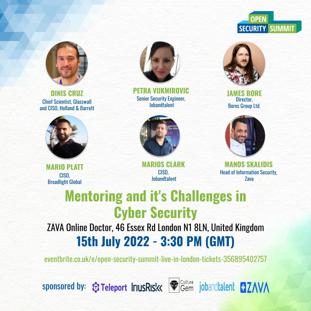 opensecsummit's tweet image. 🗓️🗣️Don’t miss out on the “Mentoring and it’s Challenges in Cyber Security” session by @DinisCruz, @Coffee_Fueled, @PetraVuk1311, @madplatt, @n3tw0rks3c and @MSkalidis on-site in London on 15th July 2022, at 3:30 PM GMT.

Register FREE: eventbrite.co.uk/e/open-securit…

#OSS2022 #infosec