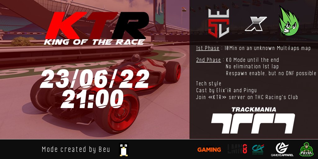 Après quelques mois de taff (encore merci <a href="/AmazingBeu/">Beu</a>) je vous annonce ma première solo cup <a href="/Trackmania/">Trackmania</a> avec le bro <a href="/PinguTMRL/">JAHPingu</a>.
C'est du tech, c'est du multilap et c'est du KO !
RDV Jeudi 23 Juin à 21h 🔥
Je vais streamer cette première edition (en espérant en voir d'autre)