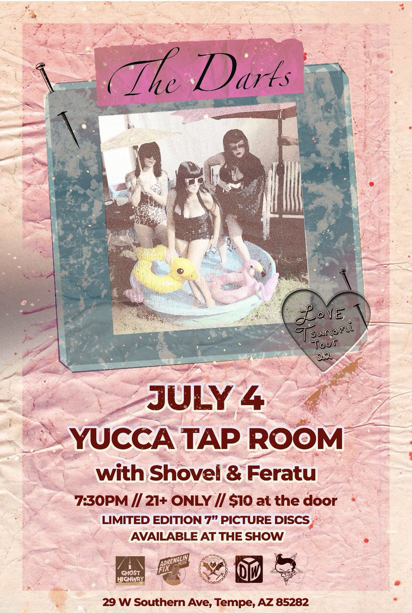 thedartsUS's tweet photo. The Darts want YOU this July 4 #thedartsus #lovetsunamitour2022 #july4 #picturediscs #tempemusic #yuccataproom #alternativetentacles #adrenalinfixmusic #farfisa #garagerock #rock #punk #grrl https://t.co/mOGAG1hdUl