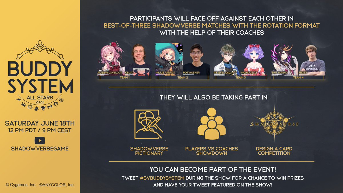 ONE DAY left until the Buddy System All Stars 2022! Don't forget to tune in and watch #NIJISANJI_EN  <a href="/Rosemi_Lovelock/">Rosemi Lovelock 🌹 NIJISANJI EN</a> <a href="/MillieParfait/">Millie Parfait 🪄 NIJISANJI EN</a> <a href="/ike_eveland/">Ike Eveland🖋️NIJISANJI EN</a> and <a href="/shu_yamino/">Shu Yamino 👟☯️ NIJISANJI EN</a> battle it out! 
#SVBuddySystem