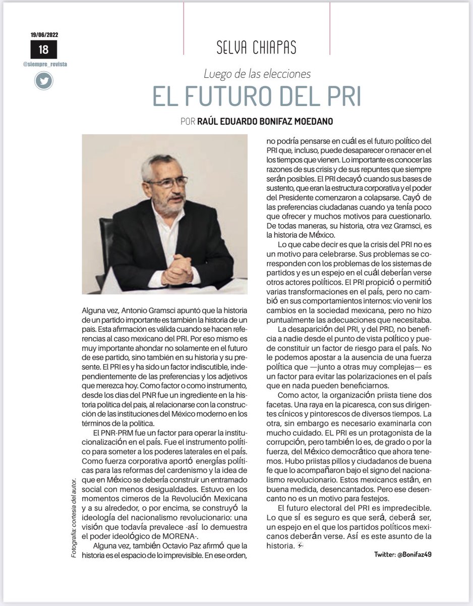 Bonifaz49's tweet photo. “El futuro electoral del PRI es impredecible. Lo que sí es seguro es que será, deberá ser, un espejo en el que los partidos políticos mexicanos deberán verse.”

Te invito a leer mi artículo en la @Siempre_revista https://t.co/cVhuCXbow2