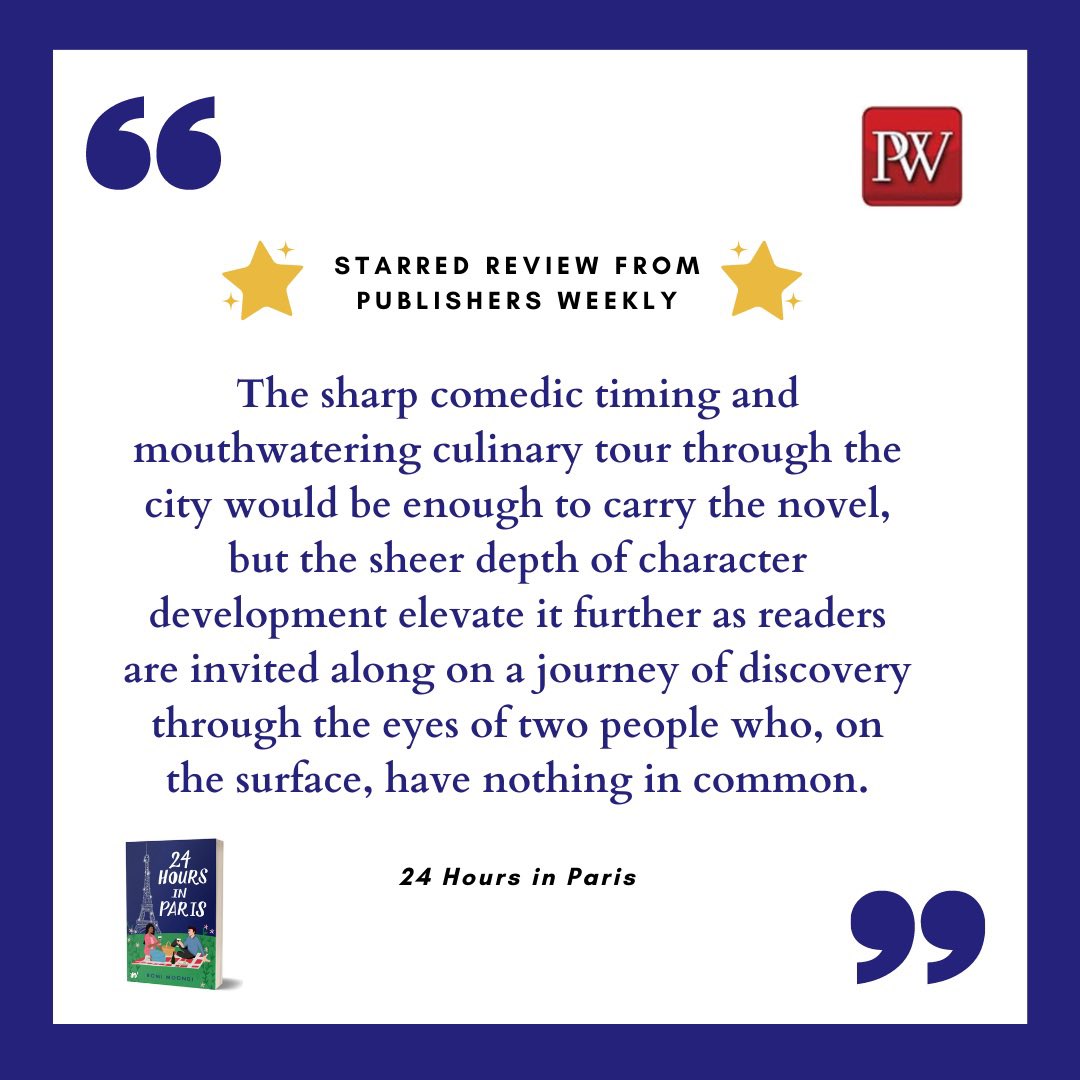 romimoondi's tweet photo. Hey #ChickLitReads gang, if you’d like an escape to Paris, my #RomCom #24HoursInParis 🇫🇷 received a starred review/#1 Summer Romance Read distinction (both from @PublishersWkly), and will be reviewed on @TheSocialCTV talk show next week! #TheSocialChapter https://t.co/2Mg9nAMuDk https://t.co/6fZn2D5UAI