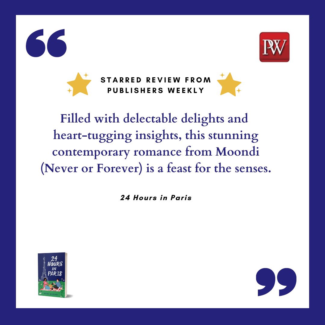 romimoondi's tweet photo. Hey #ChickLitReads gang, if you’d like an escape to Paris, my #RomCom #24HoursInParis 🇫🇷 received a starred review/#1 Summer Romance Read distinction (both from @PublishersWkly), and will be reviewed on @TheSocialCTV talk show next week! #TheSocialChapter https://t.co/2Mg9nAMuDk https://t.co/6fZn2D5UAI