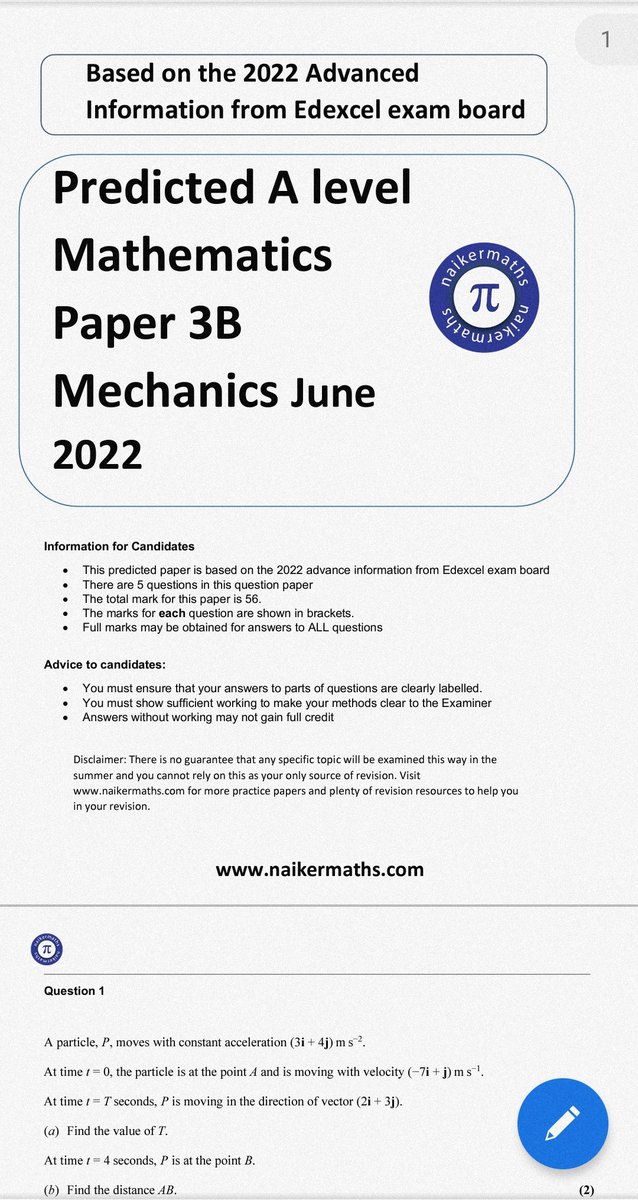naikermaths's tweet photo. A level Predicted Paper 3A Statistics and 3B Mechanics have now been uploaded to the website
Check it out at https://t.co/hM0fHycH8s
They are based on the advance info from Edexcel
Hope you find them useful https://t.co/O9j0GgC9z1