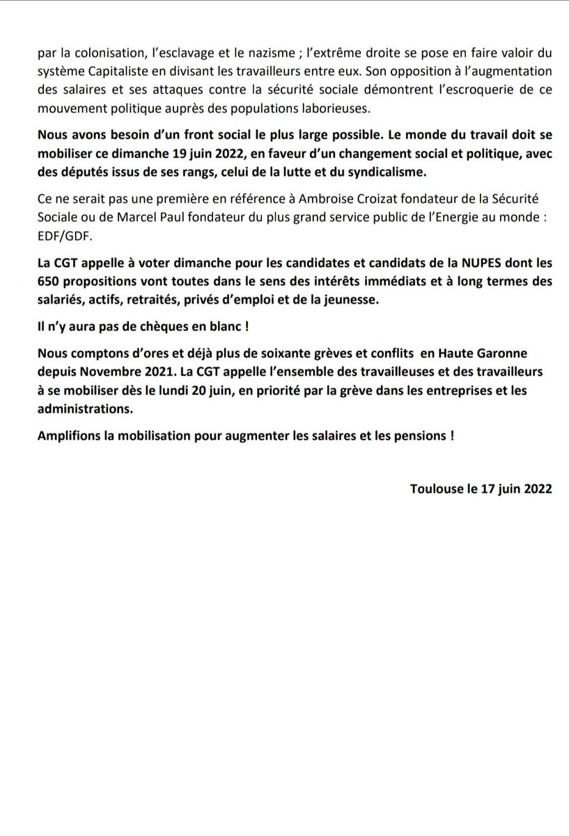 Appel de l'UD CGT 31
#CGT
#Melenchon1erMinistre
#AnneStambachTerrenoir
#circo3102
#SylvieEspagnolle
#circo3105