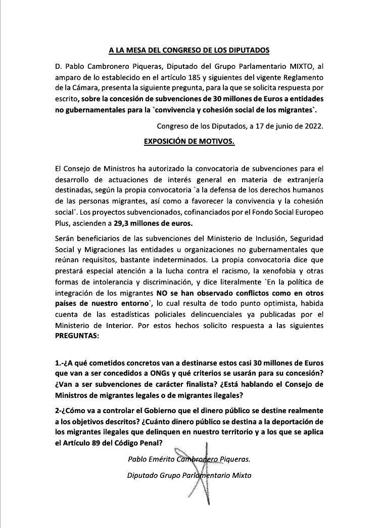 PabloCamPiq's tweet photo. 🔴 El Consejo de Ministros publica una convocatoria para dar 30 millones de € públicos a ONGs para “la defensa de los derechos humanos de los migrantes”

Pregunto si los migrantes aludidos son legales o ilegales, cómo otorgarán el dinero y quién va a controlar para qué se usa. https://t.co/M10rkRlxP5