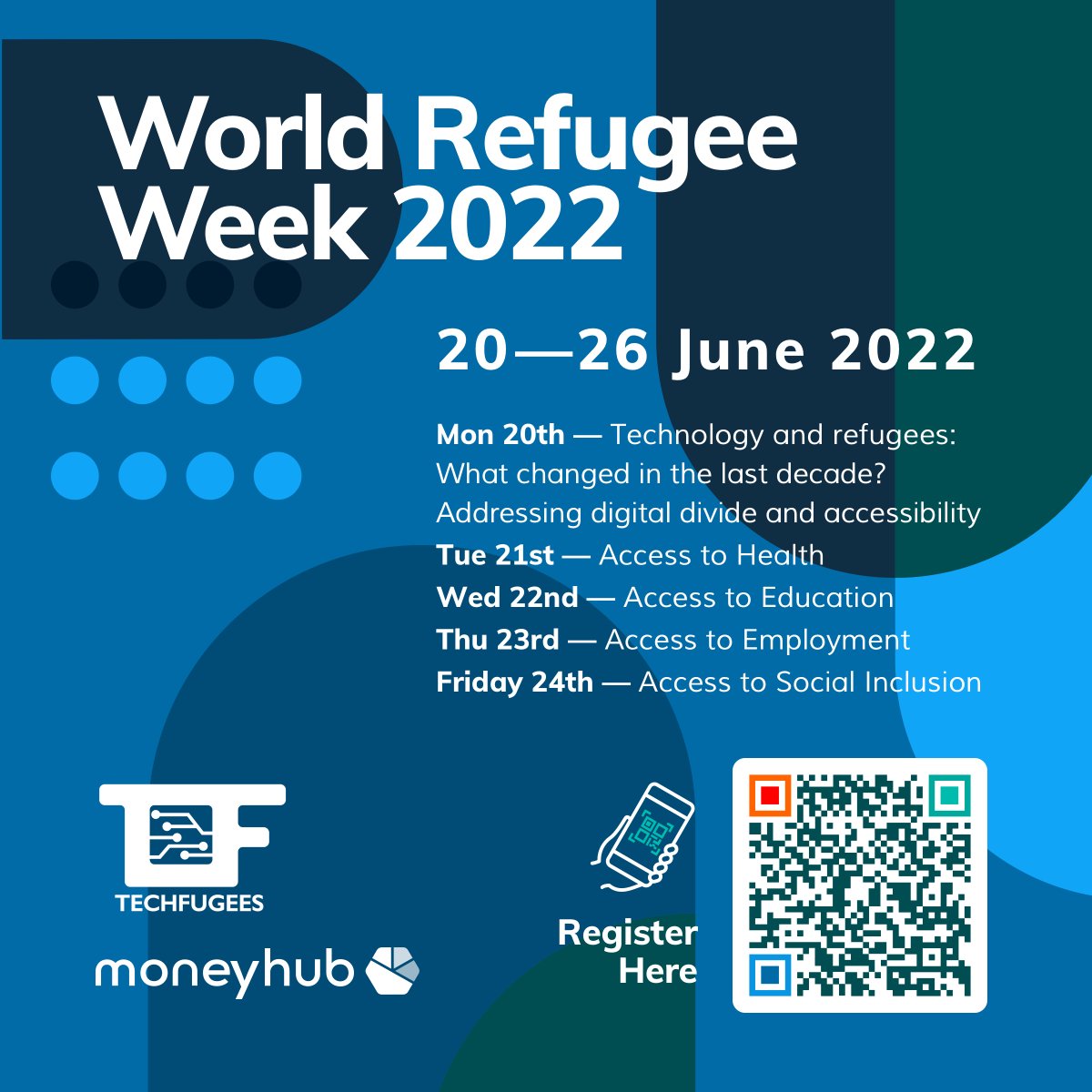 For #Worldrefugeeweek we're organizing a series of online discussions and demo around #tech4refugees. Join us and if you can't .... you can still support our work by scanning this QR code ;) 

Thank you @MoneyHubApp for your support 🙏🏼