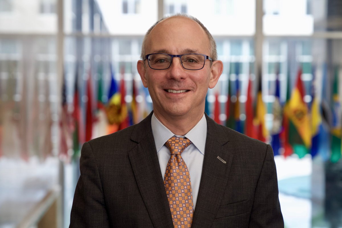 helfer smiling, wearing glasses and suit and tie, in front of backdrop of row of national flags