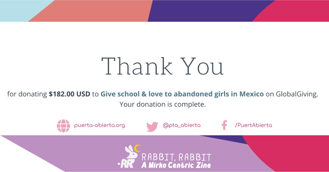 Thank you for supporting Rabbit, Rabbit: A Mirko Centric Zine, we have donated the leftover sales proceeds to Puerta Abierta I.A.P., a Mexican charity focused on giving homes and education to orphaned and at risk girls and women.

In total we donated 682 USD, PLUS ULTRA! 🐰🌙