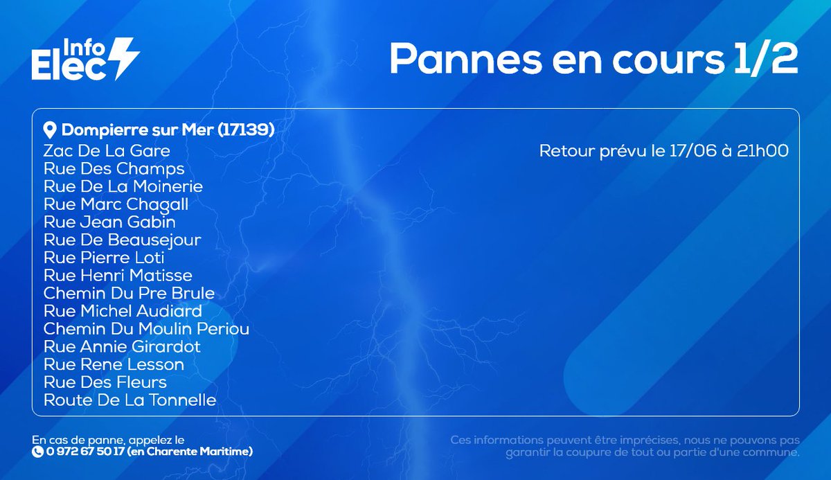 InfoElecLR's tweet image. 🔴 Coupures en cours
Coupures d'électricité en cours sur #DompierreSurMer et #SainteSoulle :

Les techniciens @enedis_poit_cha sont mobilisés pour rétablir dès que possible l'alimentation.

#LaRochelle #Electricité #Canicule #Meteo17 #InfoTrafic17