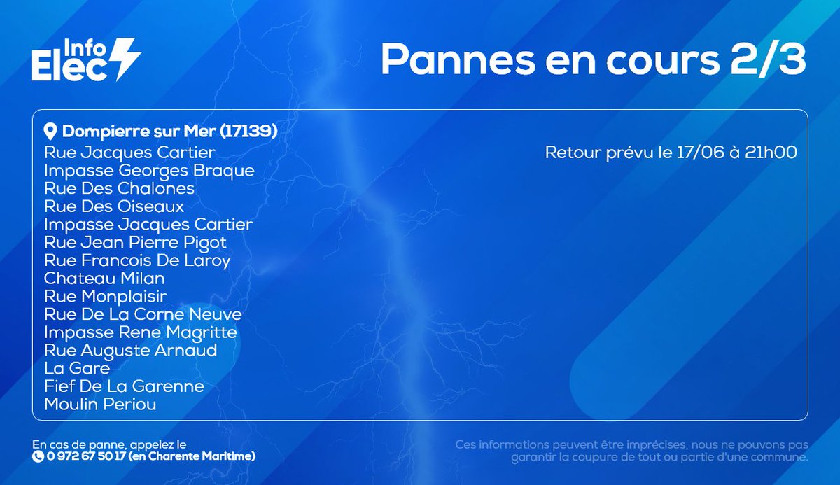 InfoElecLR's tweet image. 🔴 Coupures en cours
Coupures d'électricité en cours sur #DompierreSurMer et #SainteSoulle :

Les techniciens @enedis_poit_cha sont mobilisés pour rétablir dès que possible l'alimentation.

#LaRochelle #Electricité #Canicule #Meteo17 #InfoTrafic17