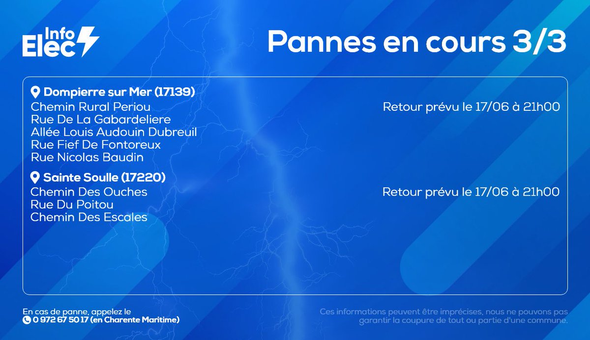 InfoElecLR's tweet image. 🔴 Coupures en cours
Coupures d'électricité en cours sur #DompierreSurMer et #SainteSoulle :

Les techniciens @enedis_poit_cha sont mobilisés pour rétablir dès que possible l'alimentation.

#LaRochelle #Electricité #Canicule #Meteo17 #InfoTrafic17