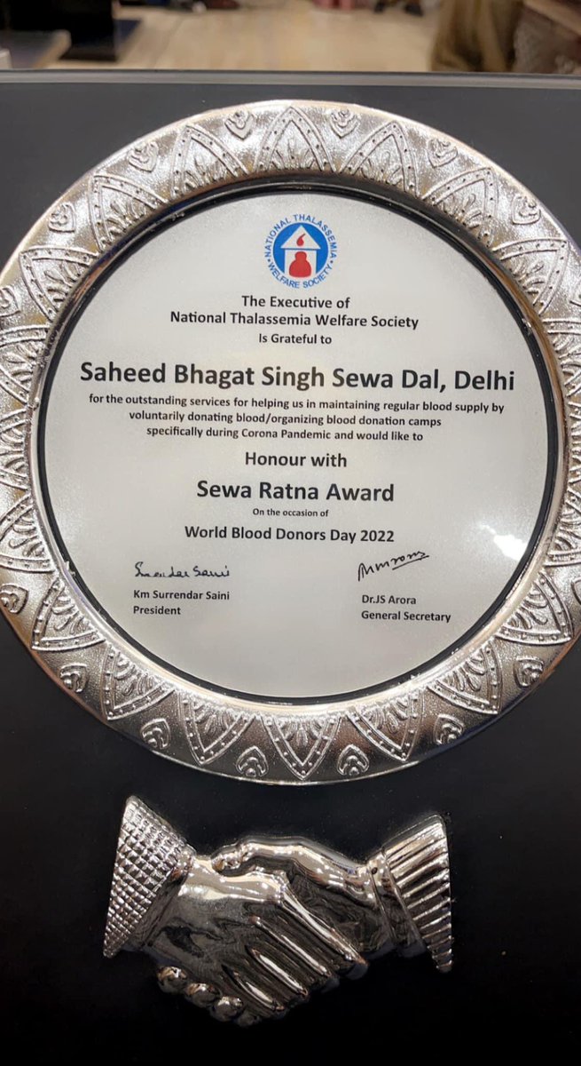 jitenderadream's tweet photo. Honour with
Sewa Ratna Award
On occasion 
World Blood Donors Day 2022        To Saheed Bhagat Singh Sewa Dal for the outstanding services for helping patients in maintaining regular blood supply by voluntarily donating &amp; organizing blood camps
specifically during Corona Pandemic https://t.co/KuMlxjN10I