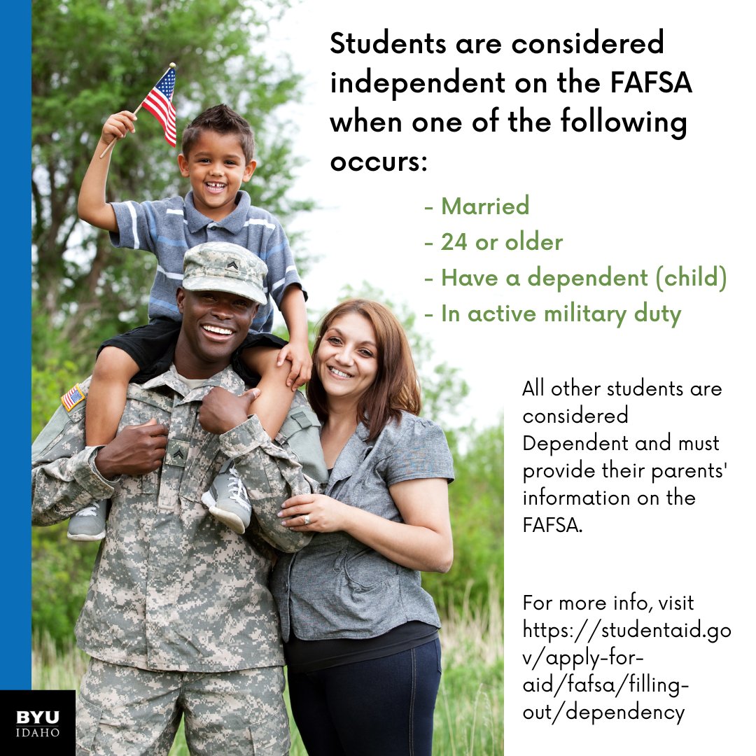 BYUIFinAid's tweet photo. Independent students are evaluated on their and their spouse’s total combined income (if applicable) and not their parents' income. 

Visit https://t.co/LUR9JLpt18 for more info. 

#byuifinancialaid #byuicampus #byuionline #FAFSA #independent #dependencystatus https://t.co/tFptU9a5Ti