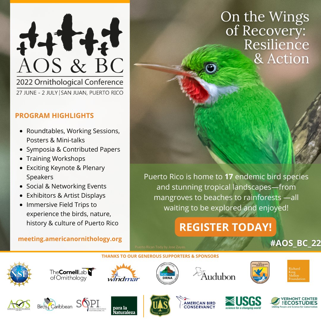 You still have time to register for #AOS_BC_22! Meet up in Puerto Rico with your colleagues in #ornithology who are joining us from more than 30 countries for our 2022 conference! meeting.americanornithology.org/participate/re…