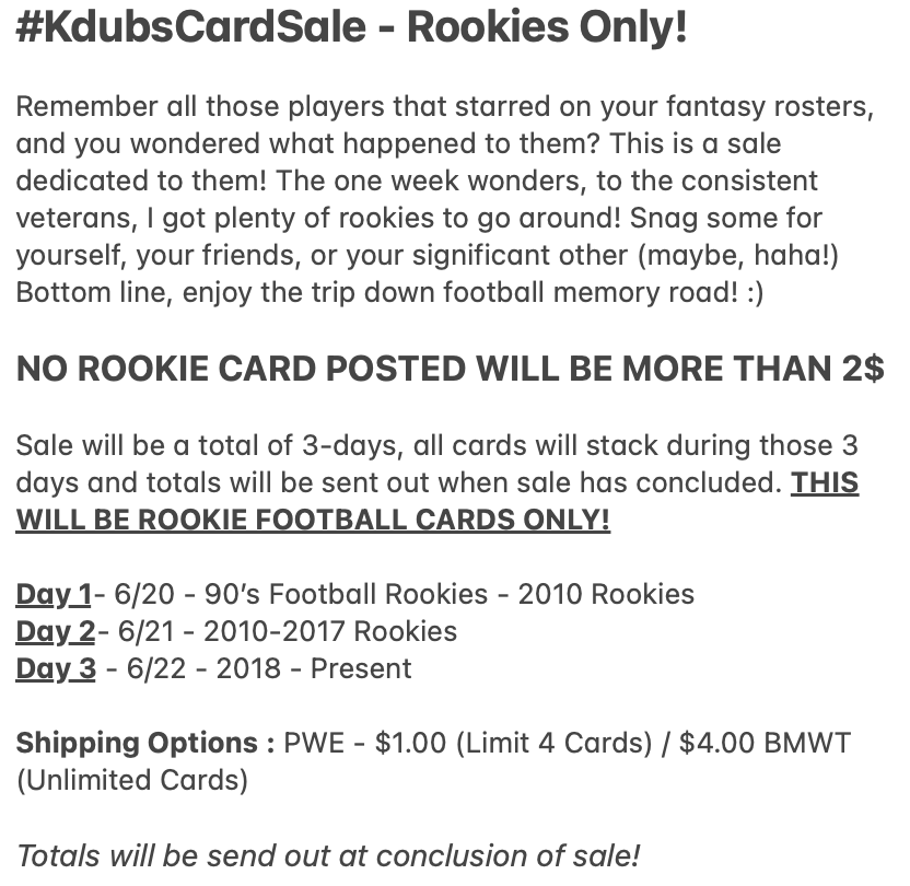 MrKdub's tweet photo. #KdubsCardSale - SUMMER SALE! 

Details of sale are attached in picture! Will begin on Monday, June 20th-22nd @ Noon PST. Thanks in advance for anyone who joins in or chooses to share or tag! I appreciate the support! 

Also, forgive me for the timeline overload! #TheHobby https://t.co/J1JGb0jDaJ