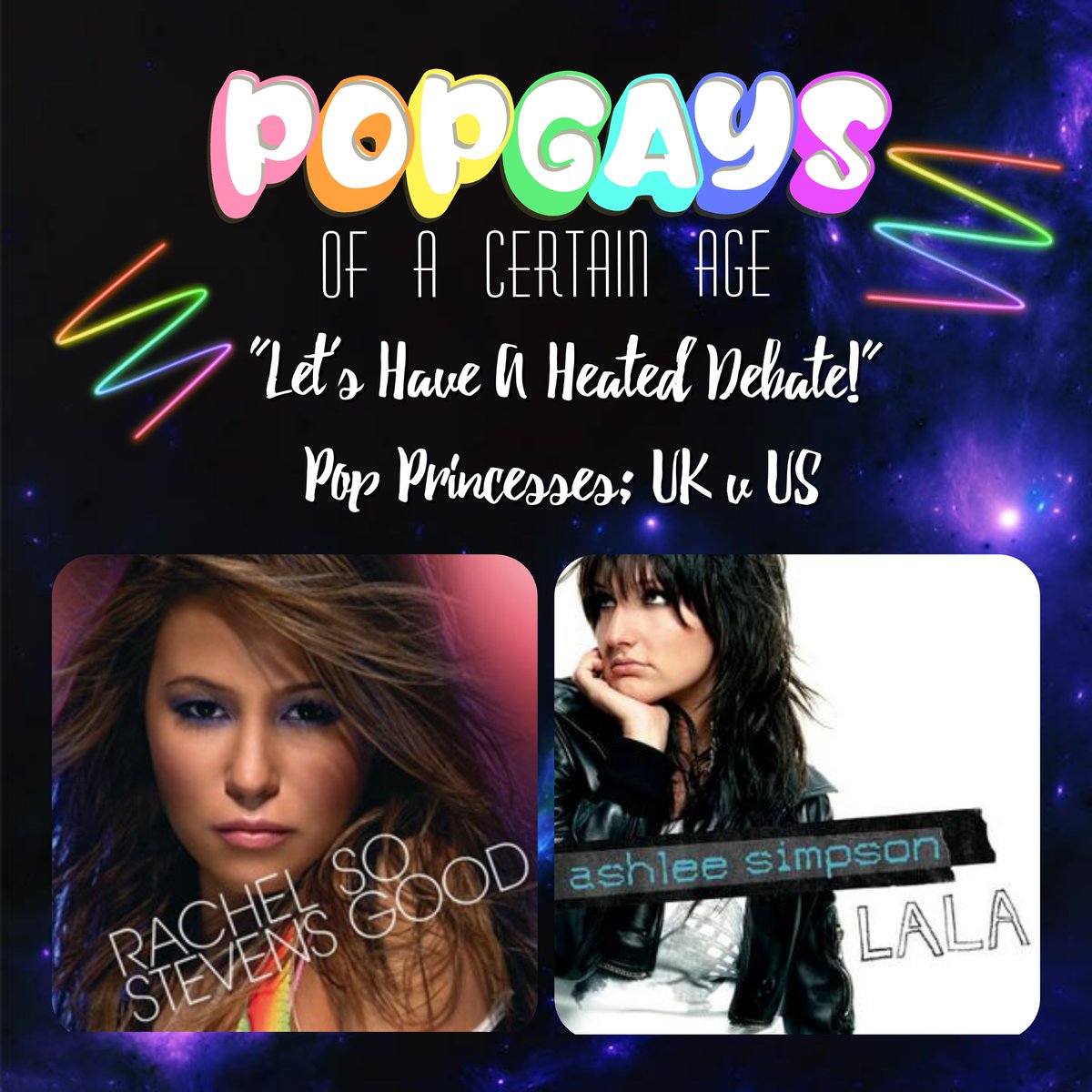 PopGays's tweet photo. For our "Let's Have A Heated Debate" this week, we are pitting #popprincesses from the #USA & #UK against each other!
#FridayVibes belongs to these 2 tracks from @MsRachelStevens & @ashleesimpson
Who will win? #popmusic https://t.co/4p22r8rj9M