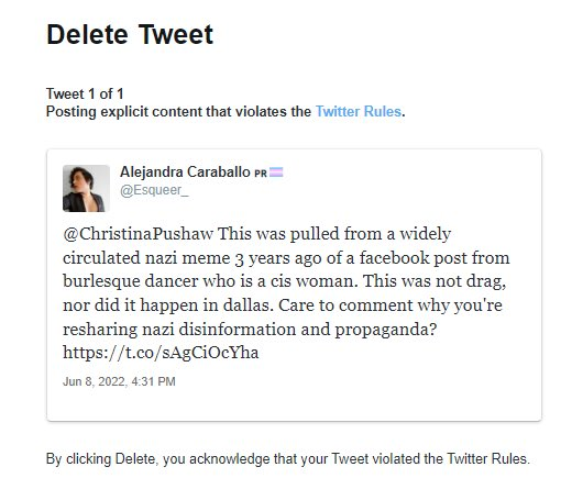 ErinInTheMorn's tweet photo. There are 4,220 tweets with the image of the kid with the cis stripper that is erroneously being used to target the trans community.

Seth Dillon and Christina Pushaw have the tweets up with MASSIVE engagement.

But activist @Esqueer_ is banned for posting it while debunking. https://t.co/omDoWkscxv