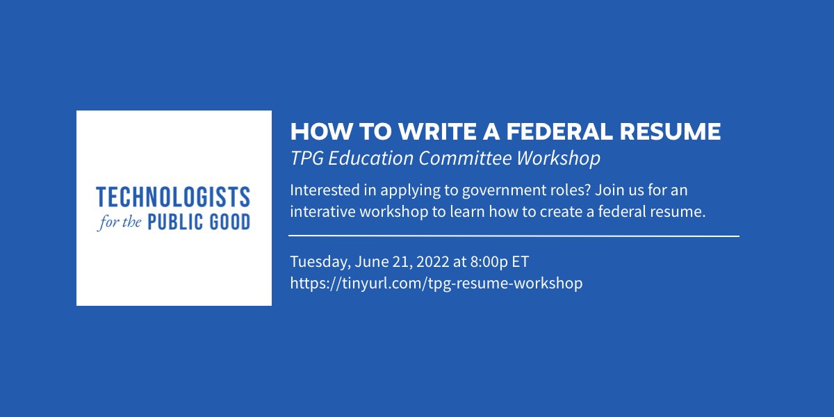 publicgoodtech's tweet photo. Tuesday, 6/21 @ 8pm EST: Join us for a FREE pilot workshop on how to write a Federal / @USAJOBS resume. 📑Led by @18F alum @wslack and hosted by us @publicgoodtech 

💡Great oppy for folks applying to the next cohort of @PIFgov Fellows!

REGISTER - https://t.co/kwLHyn0lXE https://t.co/8aR0gkblsm