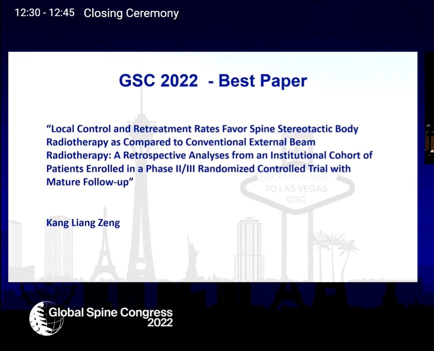 UofTSpine's tweet photo. Congratulations to Dr. K. Laing Zeng, our radiation oncology fellow, on winning Best Paper award in #GSC also Best Abstract in (First Place) at  #SpineFEST 2022 @SahgalArjun. Great job!@AOSpine https://t.co/cytgaBlvdQ