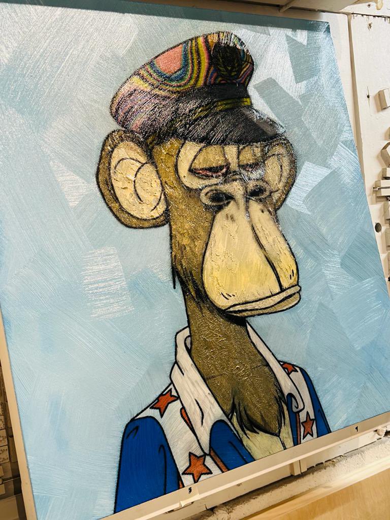 CaptainBuzzApe's tweet image. Something is brewing! We are building &amp;amp; painting. Oil on canvas   @BoredApeYC #7981 by @vadiseth! Captainbuzz is in the vault but this one goes up on the wall. Can’t wait to see the finished product 🔥🔥🔥