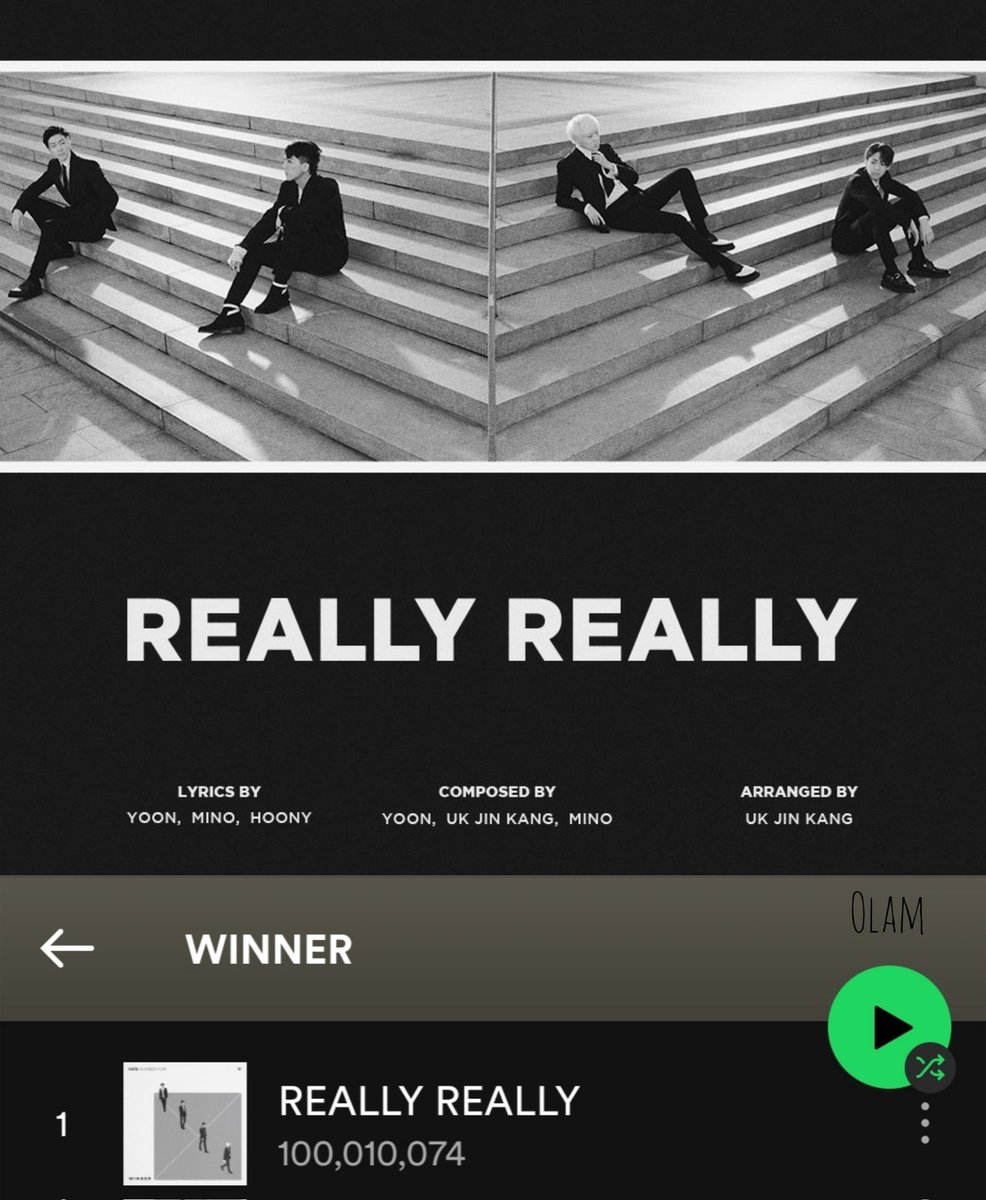 OnlyLookAtMino's tweet photo. [‼️] WINNER's legendary song REALLY REALLY has now surpassed 100.000.000 (100M) streams on SPOTIFY 💚

MINO is credited as a co-Composer and co-Lyricist ~🤑

▶️ https://t.co/coMVdefhfd
#ReallyReally100M 
#MINO #송민호 @official_mino_ #위너 #WINNER @yginnercircle @SpotifyKR https://t.co/g3QpfO8pVp