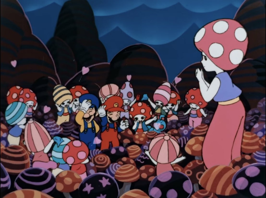 unaloid's tweet image. toad girls from the 1986 mario anime movie