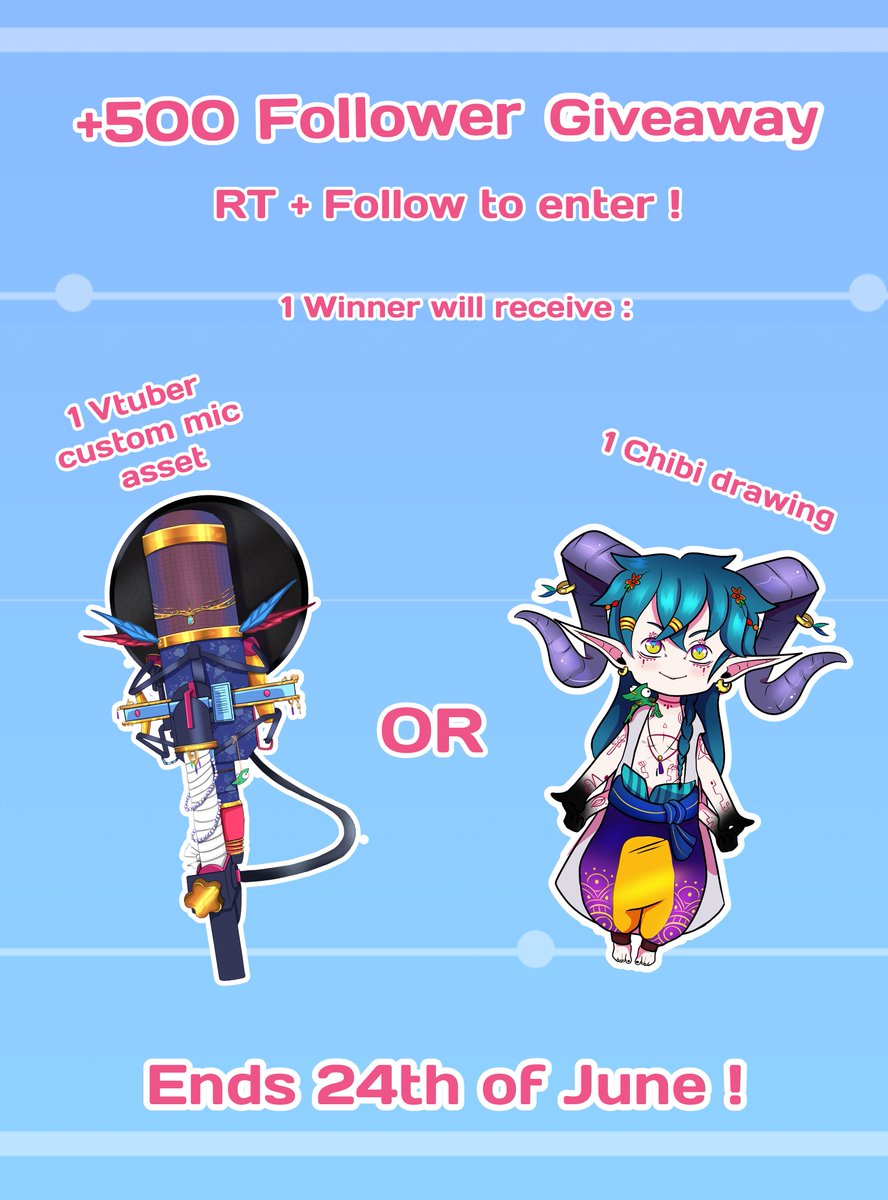 🇬🇧Giveaway to celebrate my +500 followers on twitter! Thank you so much for your support ✨

🇫🇷Giveaway pour les +500 follow! 1 gagnant tiré au sort pour tenter de gagner un asset mic Vtuber ou 1 dessin chibi
RT+follow pour participer, termine le 24 Juin 
Merci les gars✨
#Vtuber