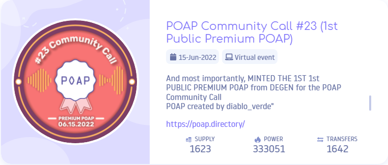 MisterMojoEth's tweet photo. This past Wednesday, the POAP Community Call saw the 1st ever public Premium @DEGEN_POAP! So far, out of 2,113 eligible participants, 77% claimed their POAP!

A huge shout out to the #POAP community for coming and helping test new ways to give POAPs! https://t.co/8Ju1wFcpyB
