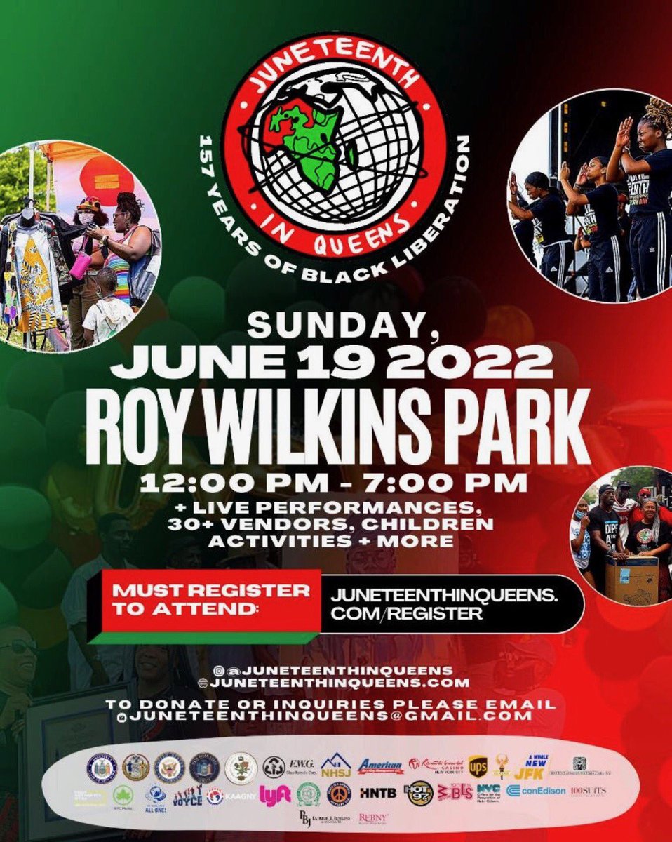 Elmcor's tweet photo. Come celebrate Juneteenth in jubilation at Roy Wilkins Park this Sunday! Bring your family to the biggest festival in Queens for entertainment, food, fun, celebration, education and much more! #Elmcor #Juneteenth #JuneteenthinQueens #JIQ https://t.co/tpwISC1aQI